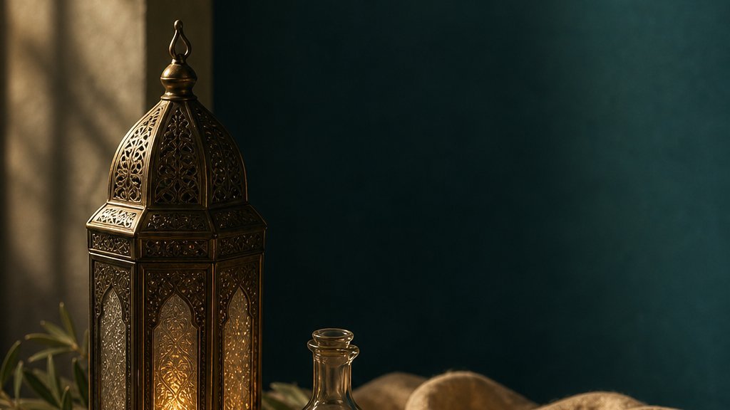 A brass lantern, olive oil and dates on a linen cloth