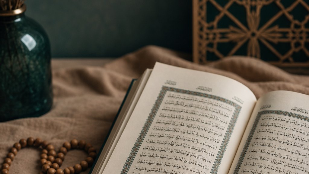 An open Quran with prayer beads in warm light